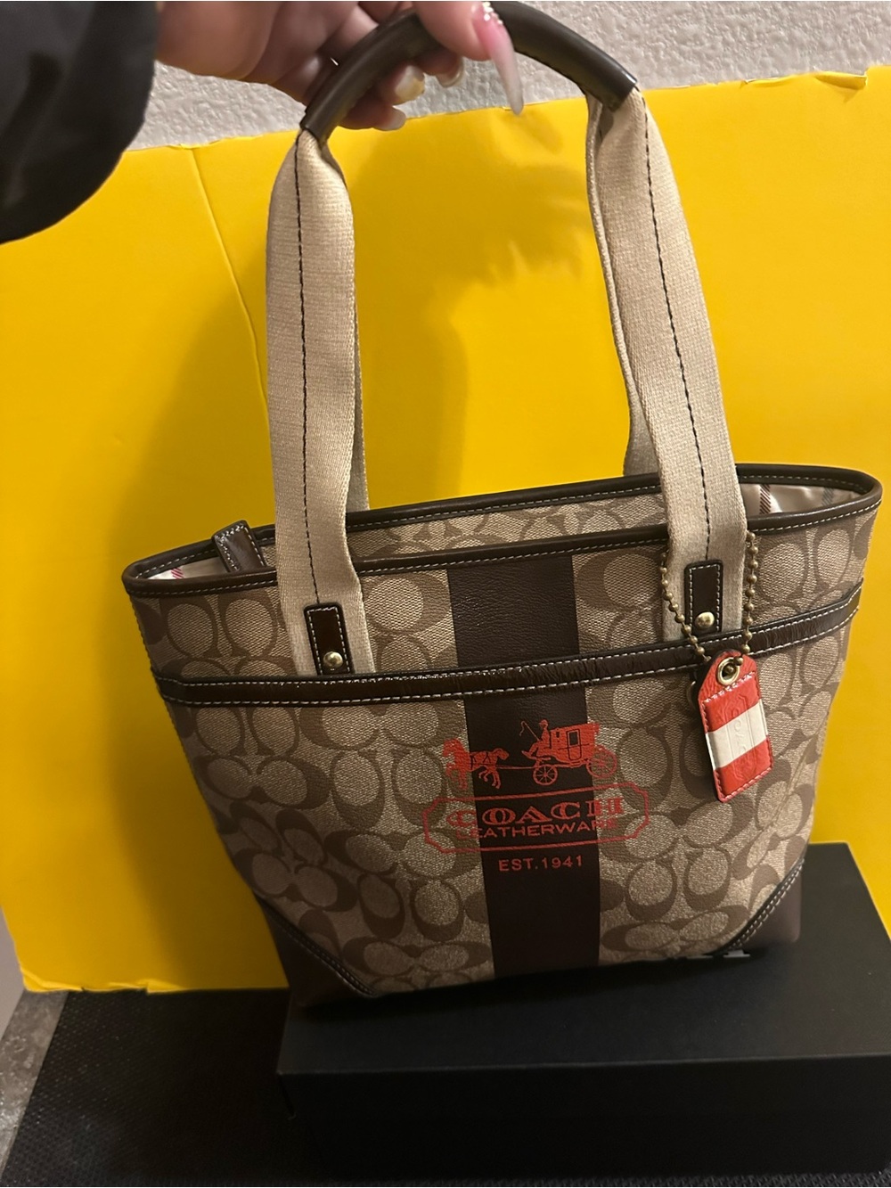 Coach Brown Signature Canvas Tote with Red Logo Accent